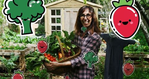 Cheerful Woman Celebrates National Vegetarian Week in Garden with Veggie Graphics