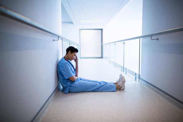 Nurse in scrubs sitting on hospital corridor floor, looking stressed and exhausted. Can be used for healthcare articles, stress management in medical professions, or depicting challenging work environments in hospitals.