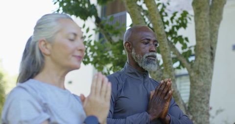 Mature couple meditating outdoors pressing palms in prayer near tree
