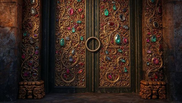 Gleaming ornate double doors with gold filigree and jeweled inlays for fantasy portal
