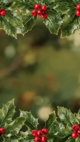Animated holly border revealing festive red berries over soft green bokeh vertical loop