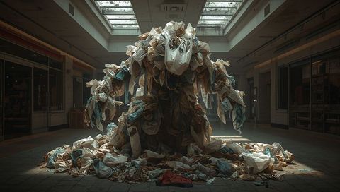 Giant Textile Creature Looming in Abandoned Mall Atrium under Skylights, Eerie Installation