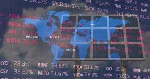 World map and financial data overlay on solar panels