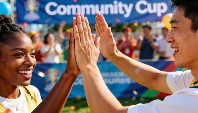 Two teammates high-fiving at community cup celebration with confetti and cheering crowd