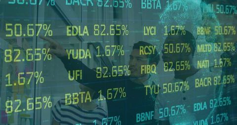 Analytics team discussing financial data on transparent display