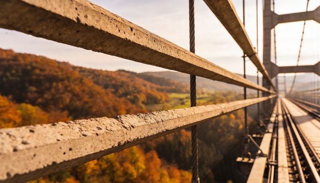 Leading worn concrete guardrails across suspension bridge toward autumn valley panorama