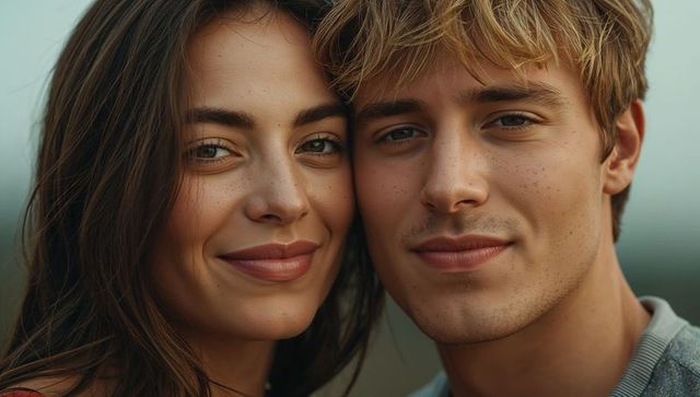 Leaning cheek-to-cheek smiling young couple with freckles and warm natural portrait