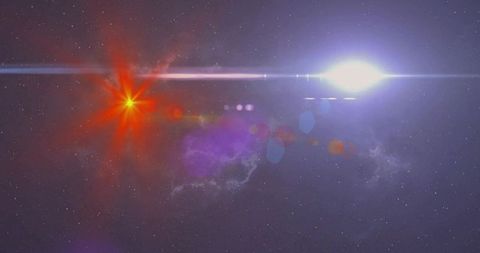 Blue-white stellar flare emitting intense beam across purple nebula and starfield