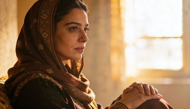 Contemplating woman wearing embroidered brown headscarf bathed in warm golden sunlight