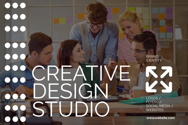 This template features designers collaborating closely and brainstorming in a creative design studio. Ideal for portraying innovation, teamwork, and brand development processes. Use it for promoting design services, brand identity projects, corporate workshops, and marketing materials.