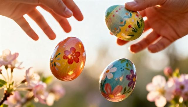 Hands holding painted floral Easter eggs in sunlit spring garden