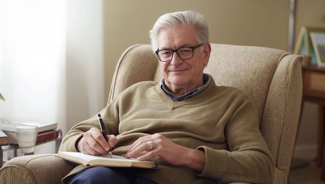 Senior man writing journal in cozy armchair by window, smiling, relaxed home lifestyle
