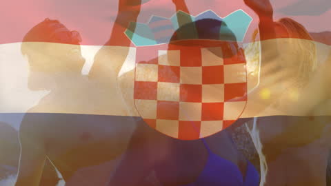 Friends Enjoying Beach Vacation with Croatian Flag Overlay