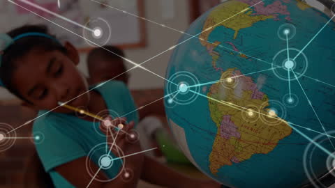 Young Student Exploring Geography Using Globe with Digital Connections