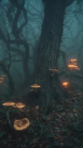 Dollying and Panning Through Misty Forest Revealing Glowing Mushrooms Around Ancient Tree