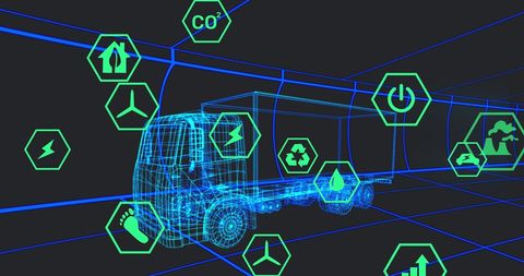 Digital Car Interface With Eco Icons on Futuristic 3D Truck Model