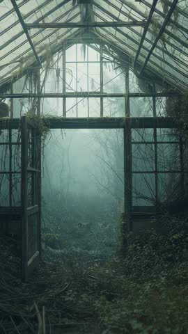 Vertical Reveal of Abandoned Greenhouse Doorway, Misty Overgrown Vines and Moss