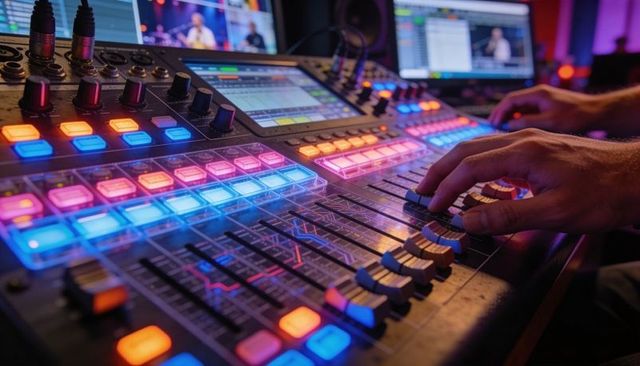 Audio engineer adjusting digital mixer faders with colorful led controls and touchscreen