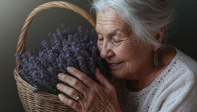 Senior woman pressing cheek to lavender-filled wicker basket, serene floral portrait