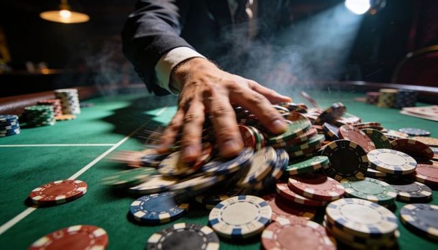Dramatic suited hand sweeping winning poker chips on green felt table under spotlight