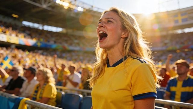 Cheering blonde woman wearing yellow jersey at soccer match with sun flare and crowd