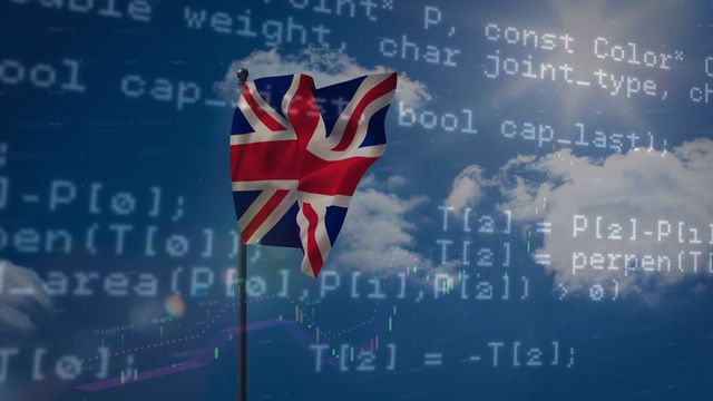 Digital composition features a Union Jack flag prominently waving against a dynamic background filled with binary codes, representing the intersection of national identity and technology. Ideal for projects related to cybersecurity, UK tech industry, or British digital innovations.