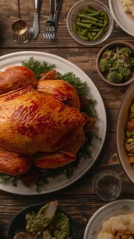 Vertical panning revealing whole roasted turkey centerpiece on rustic holiday feast table