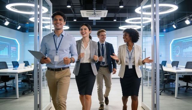 Diverse corporate team walking through glass office with tablet and data analytics dashboard