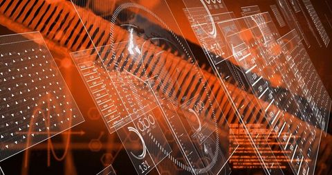 Futuristic dna helix with holographic data panels