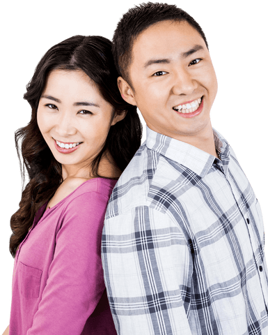 Smiling Asian Couple Posing Back to Back on Transparent Background