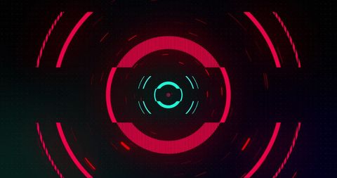 Vibrant red and green digital circles on black background