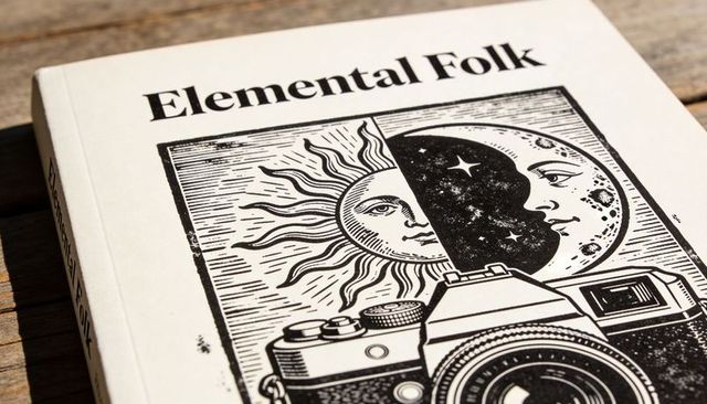 Elemental folk paperback cover featuring sun and moon linocut and vintage camera closeup