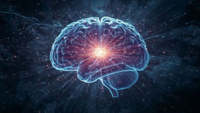 Futuristic Neon Brain with Central Microchip Concept