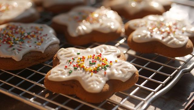 Gingerbread Cookies Cooling on Rack with Icing and Sprinkles
