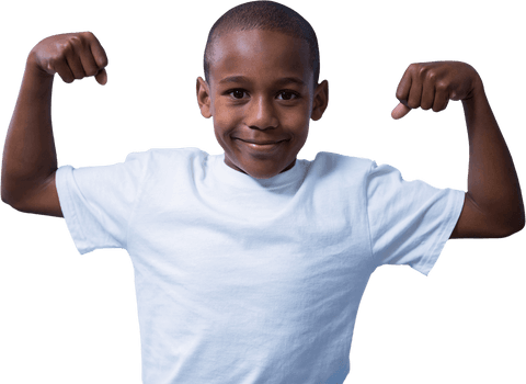 Confident Young Boy Flexing Muscles on Transparent Background