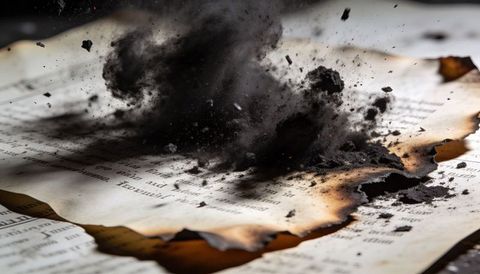 Smoldering vintage pages releasing ash and embers over charred serif text on studio bench