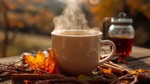 Steaming ceramic mug resting on rustic wooden table amid autumn leaves and cinnamon sticks