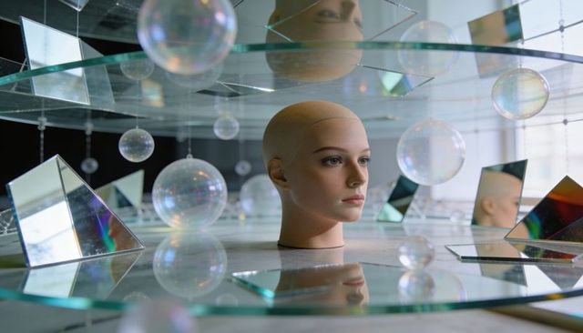 Mannequin head surrounded by mirrored glass shelves, iridescent spheres and prism reflections