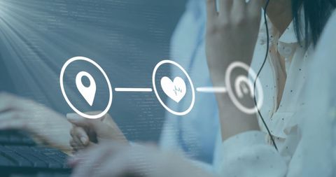 Business Team Collaborating with Digital Media Icons Overlay