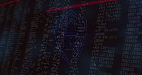 Displaying glowing digital shield and padlock over error-filled terminal for cyber defense