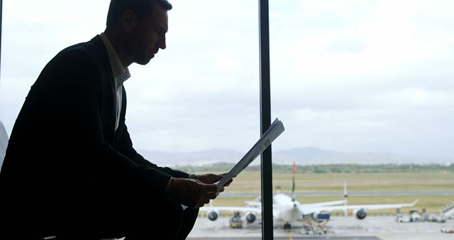 Silhouette of a businessman sitting at airport and reading newspaper