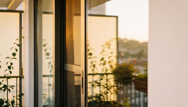 Sliding balcony door opening to golden hour glow with frosted privacy panels and screen