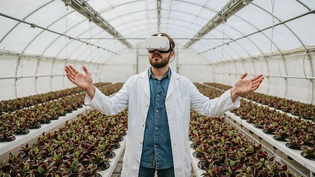 Botanical Researcher Using VR Technology in Greenhouse