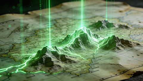Glowing 3d topographic mountain ridge projecting neon green contour beams over map