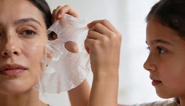 Mother and daughter applying translucent sheet mask together at home facial skincare moment
