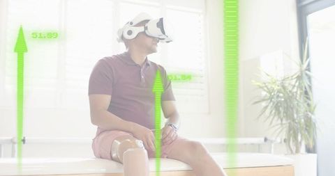 Man with prosthetic leg experiencing virtual reality rehabilitation with hud overlay