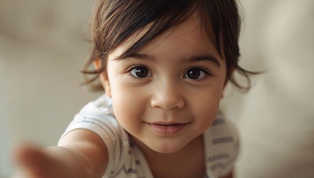 Reaching toddler girl making eye contact closeup warm intimate home portrait striped top