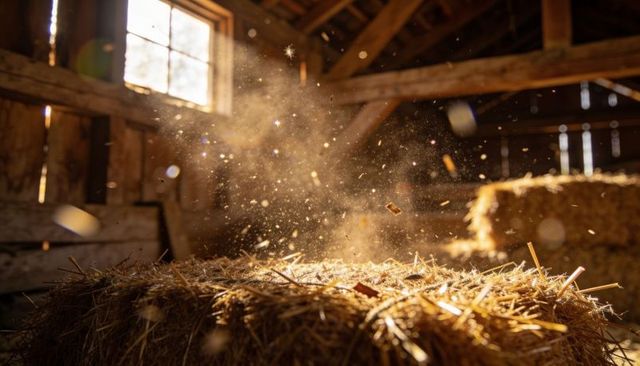 Hayloft bathing in golden sunlight with floating dust motes over straw bales