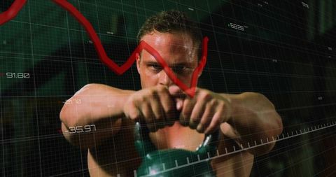 Kettlebell intensity: muscular athlete performing swing with red performance graph overlay