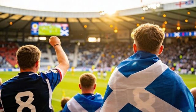 Scottish football fans cheering with saltire flag at golden hour in packed stadium